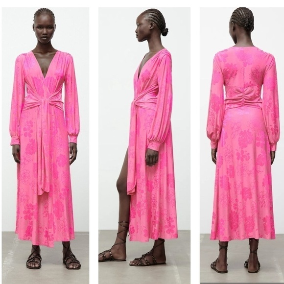 Zara Jacquard Long Wrap Dress with Floral Prints Pink Blogger’s Fav SzL